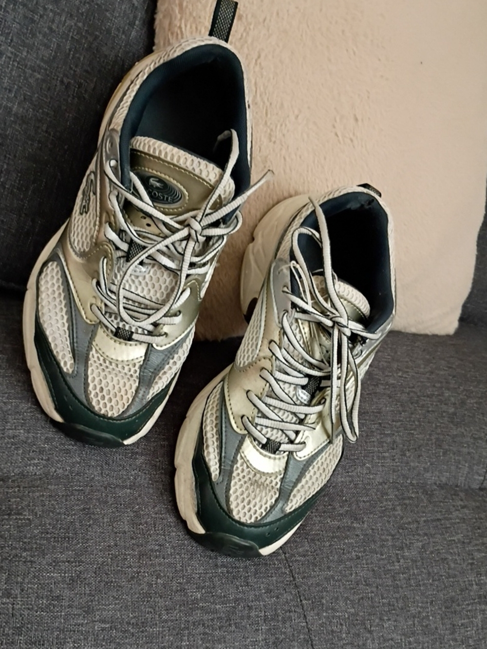 Lacoste Women's Cream Mesh Sneakers with Dark Green Accents